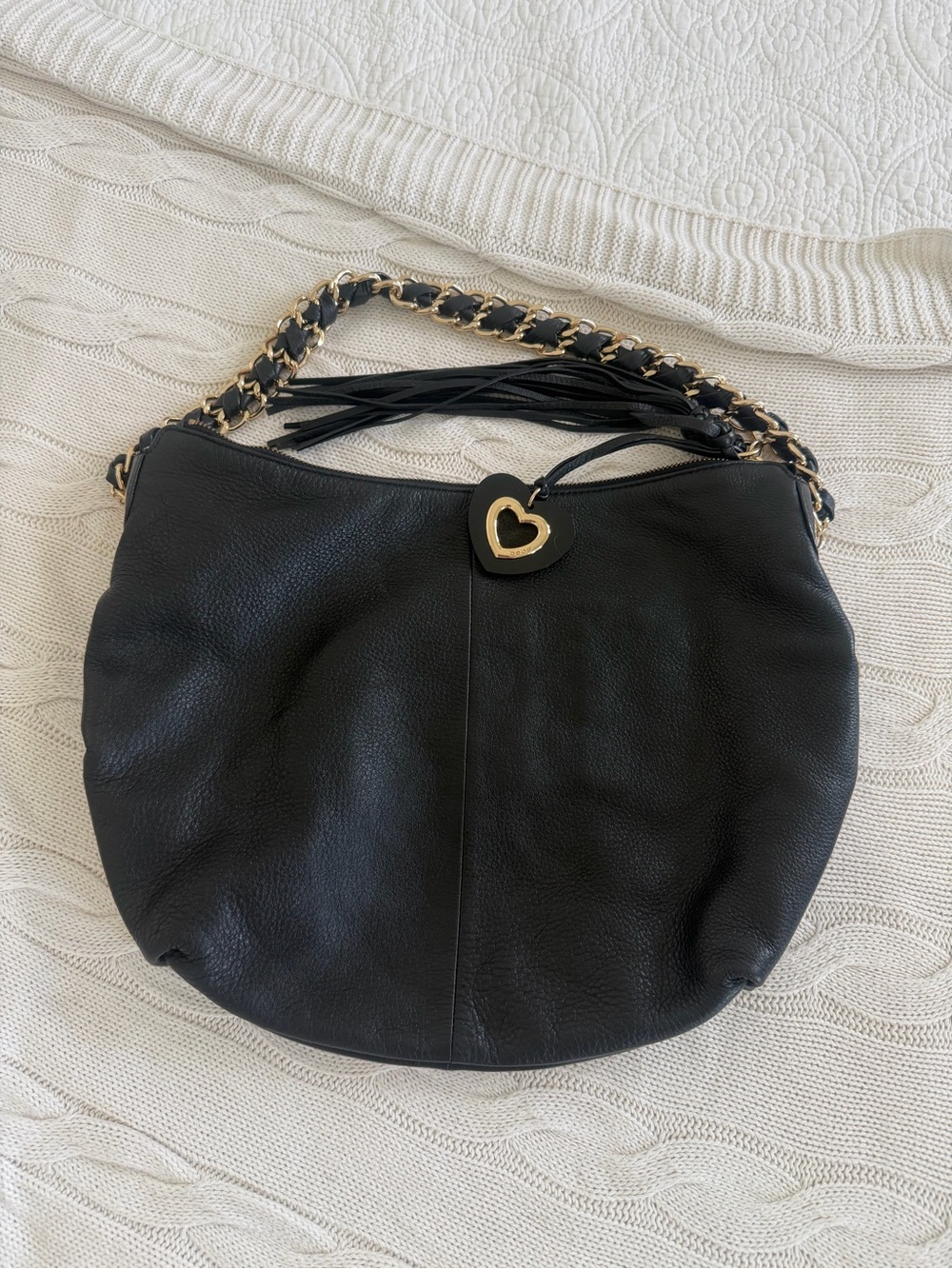 Black Genuine Leather Shoulder Bag with Heart Charm